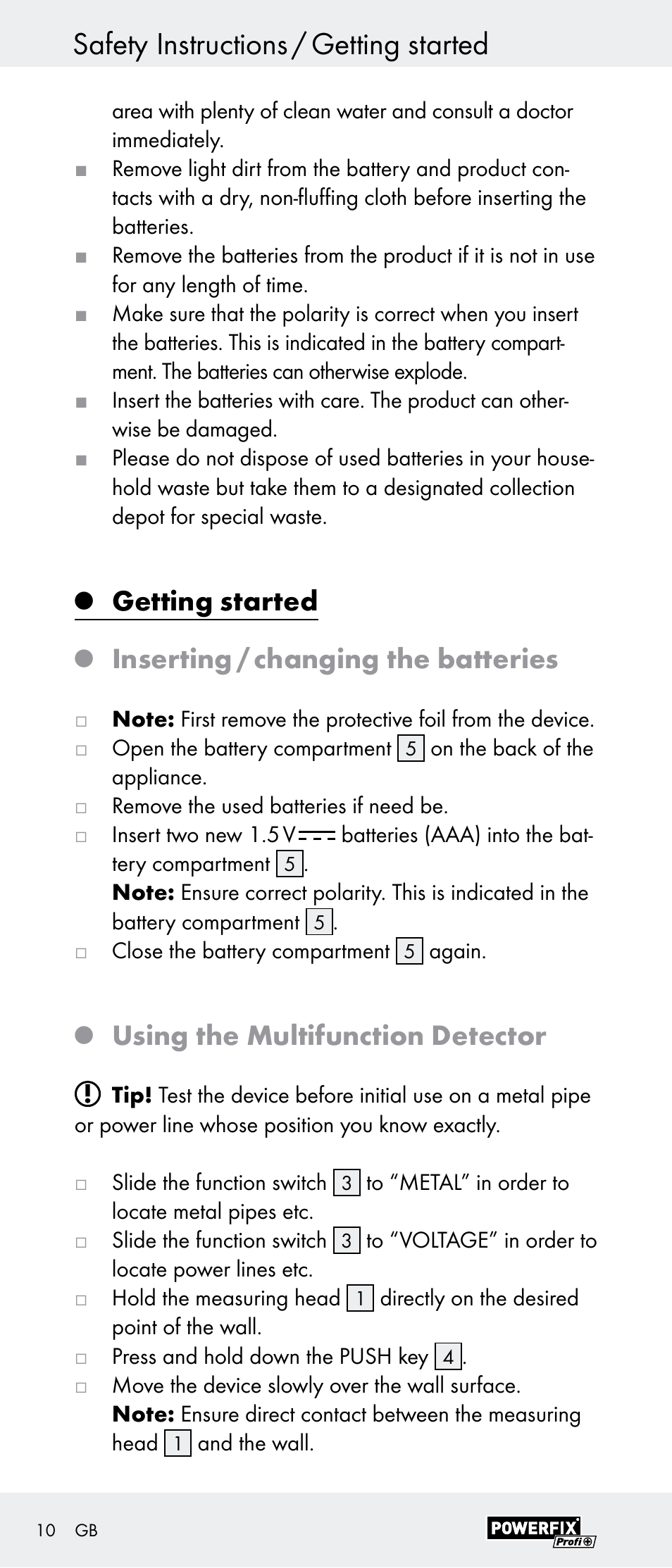 Safety instructions / getting started, Getting started, Inserting / changing the batteries | Using the multifunction detector | Powerfix Z29948 User Manual | Page 10 / 55