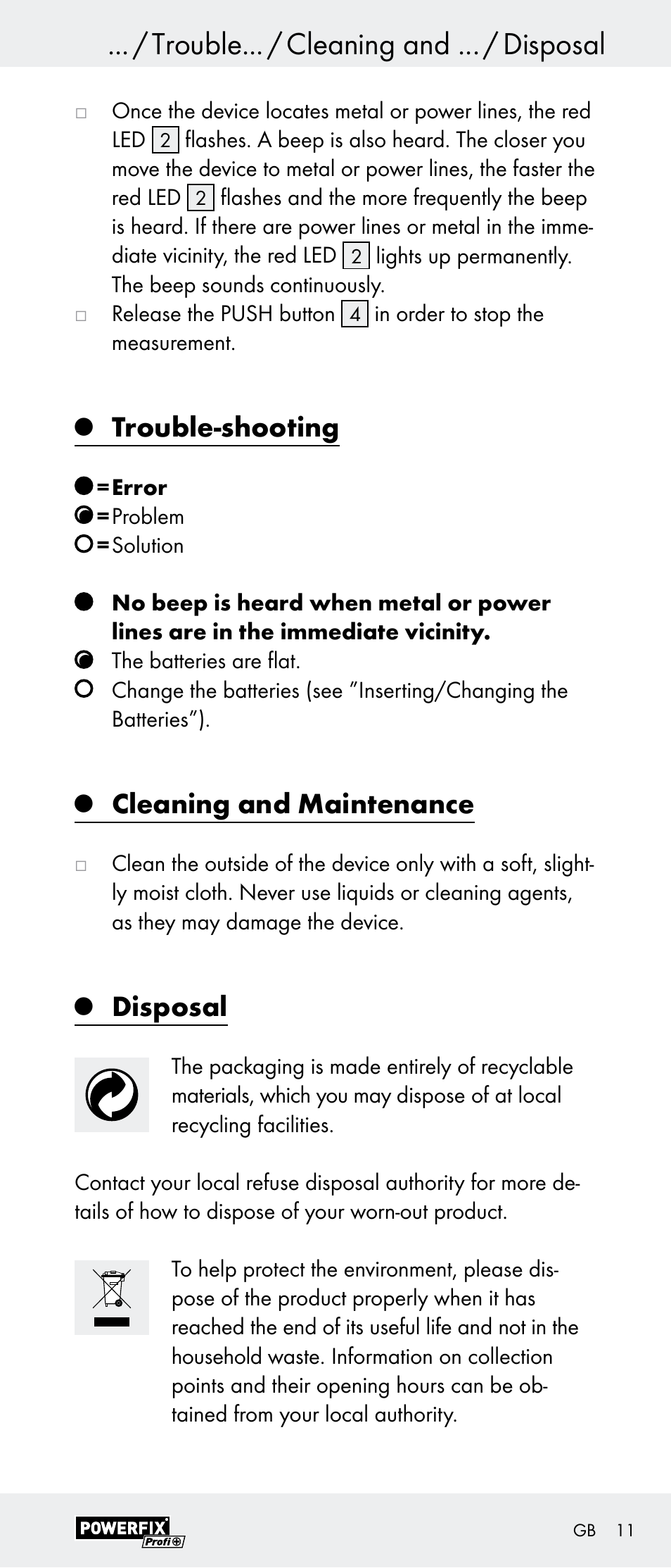 Trouble... / cleaning and ... / disposal, Trouble-shooting, Cleaning and maintenance | Disposal | Powerfix Z29948 User Manual | Page 11 / 55