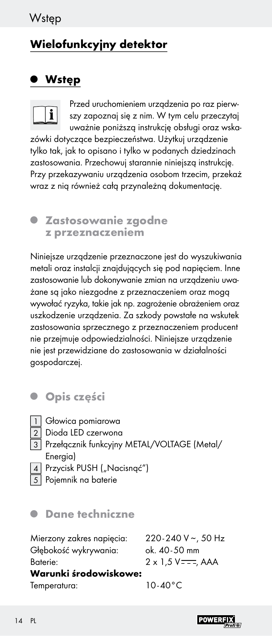Wstęp, Wielofunkcyjny detektor, Zastosowanie zgodne z przeznaczeniem | Opis części, Dane techniczne | Powerfix Z29948 User Manual | Page 14 / 55