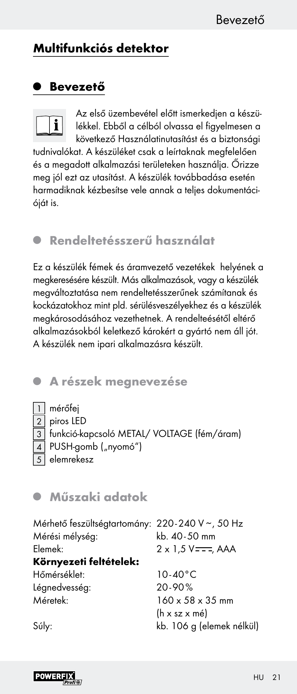 Multifunkciós detektor, Bevezető, Rendeltetésszerű használat | A részek megnevezése, Műszaki adatok | Powerfix Z29948 User Manual | Page 21 / 55