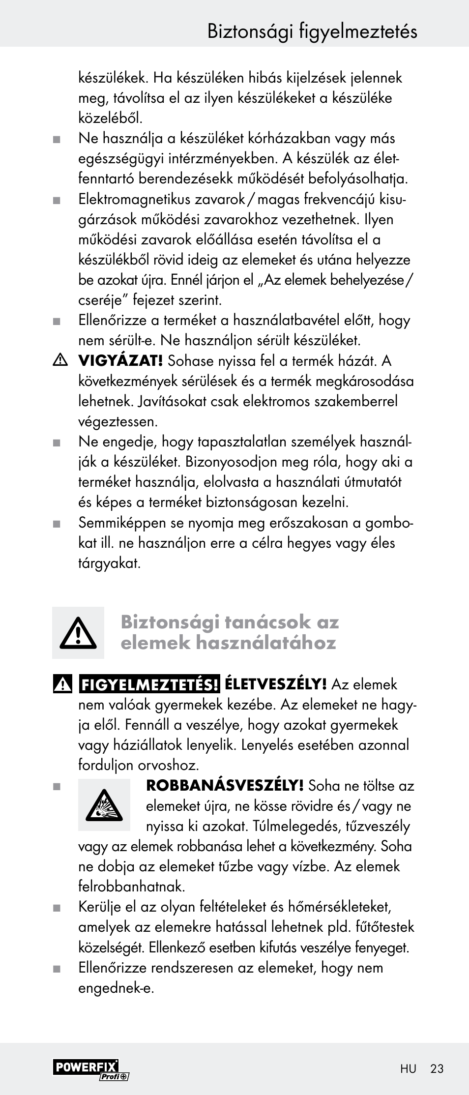 Biztonsági figyelmeztetés, Biztonsági tanácsok az elemek használatához | Powerfix Z29948 User Manual | Page 23 / 55