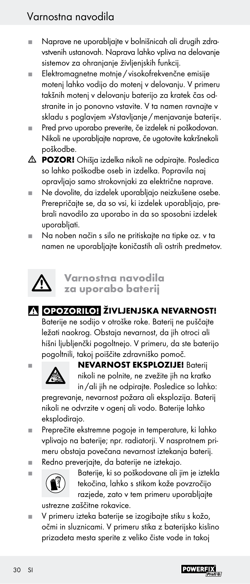 Varnostna navodila, Varnostna navodila za uporabo baterij | Powerfix Z29948 User Manual | Page 30 / 55