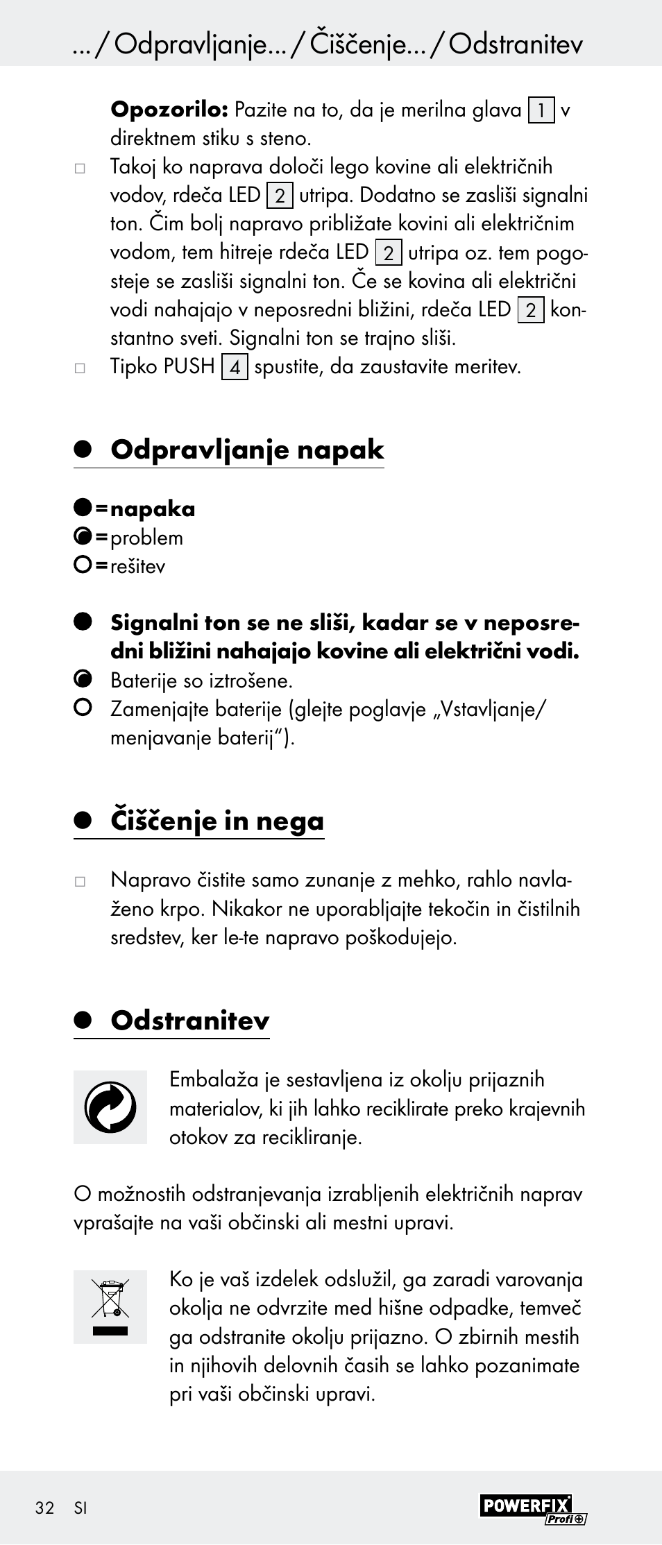 Odpravljanje... / čiščenje... / odstranitev, Odpravljanje napak, Čiščenje in nega | Odstranitev | Powerfix Z29948 User Manual | Page 32 / 55