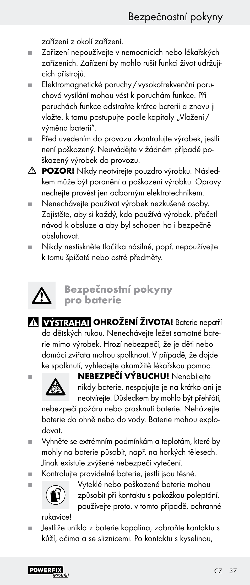 Bezpečnostní pokyny, Bezpečnostní pokyny pro baterie | Powerfix Z29948 User Manual | Page 37 / 55