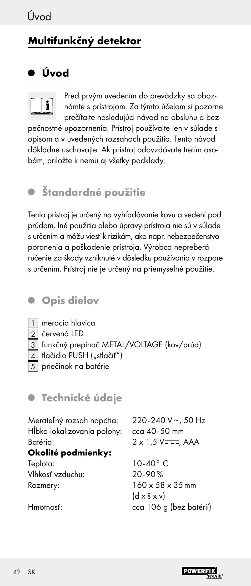 Úvod, Multifunkčný detektor, Štandardné použitie | Opis dielov, Technické údaje | Powerfix Z29948 User Manual | Page 42 / 55