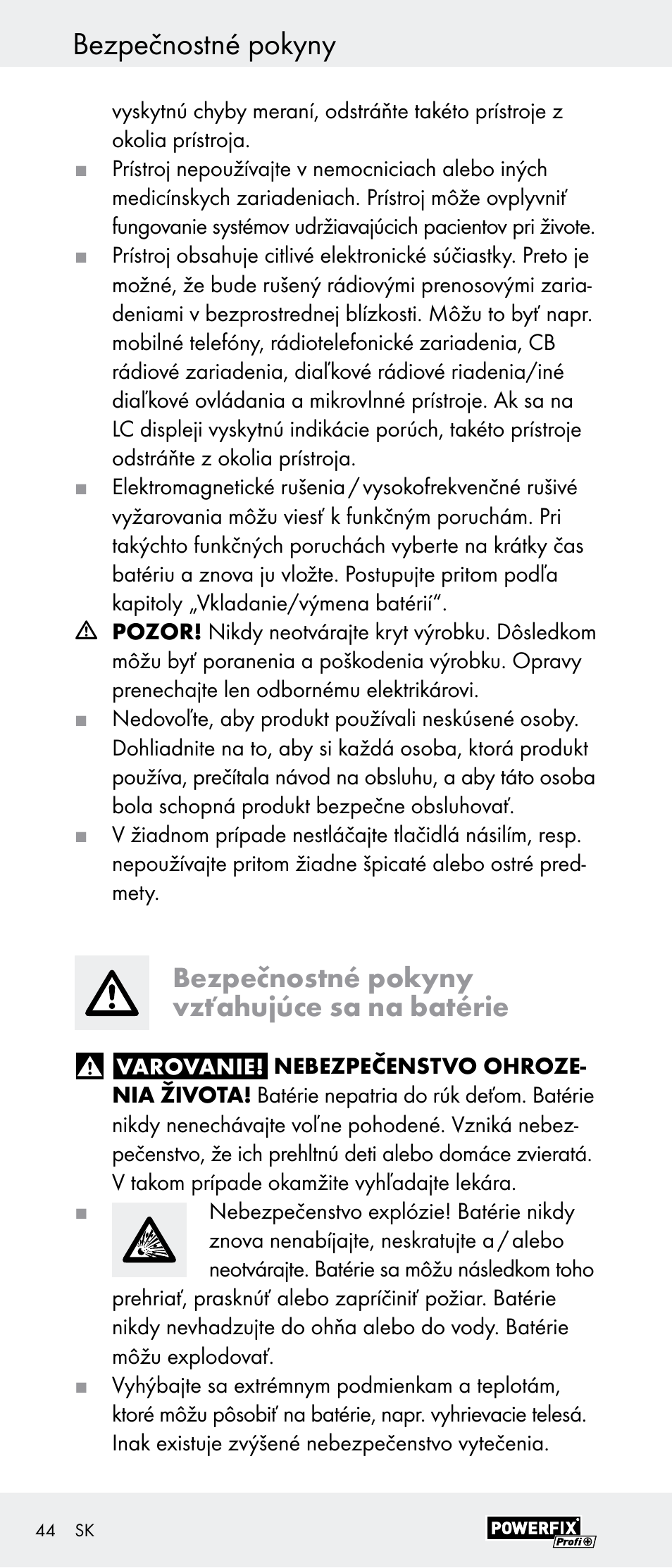 Bezpečnostné pokyny, Bezpečnostné pokyny vzťahujúce sa na batérie | Powerfix Z29948 User Manual | Page 44 / 55