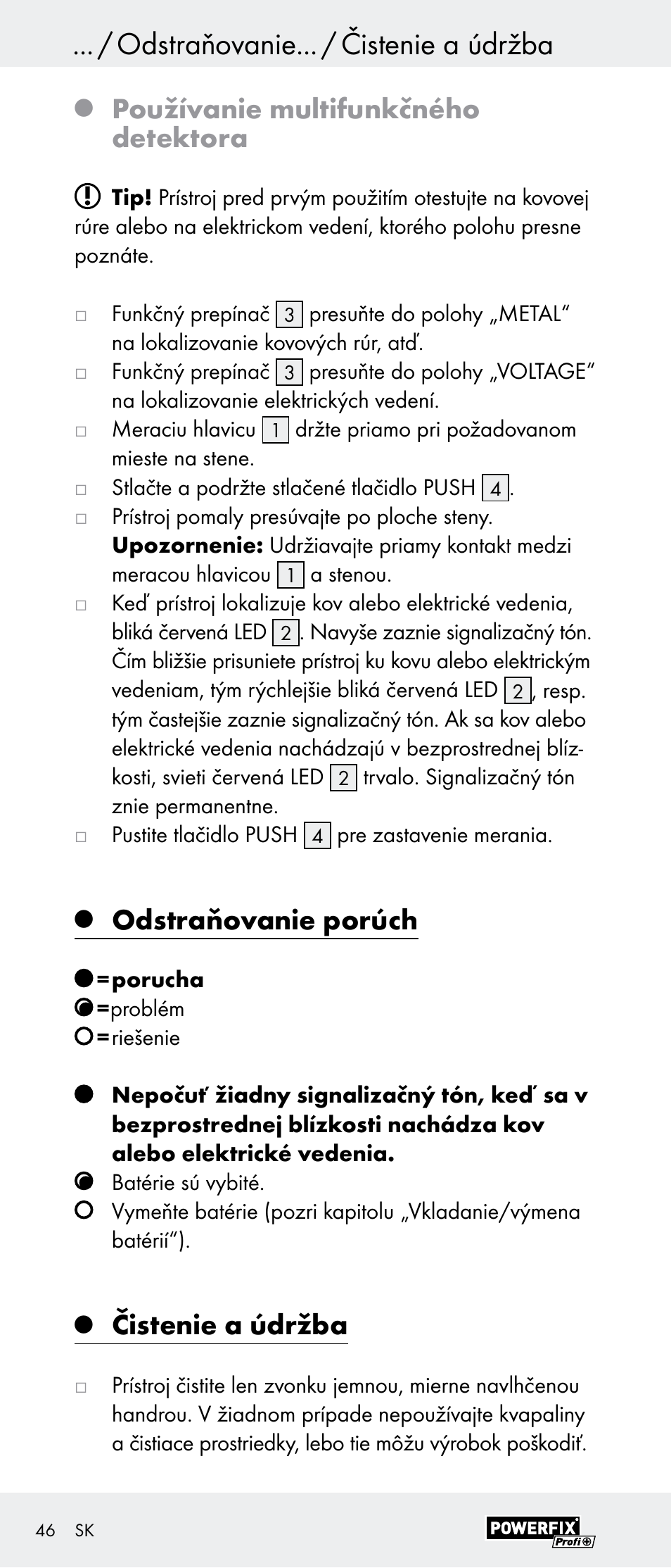 Odstraňovanie... / čistenie a údržba, Používanie multifunkčného detektora, Odstraňovanie porúch | Čistenie a údržba | Powerfix Z29948 User Manual | Page 46 / 55