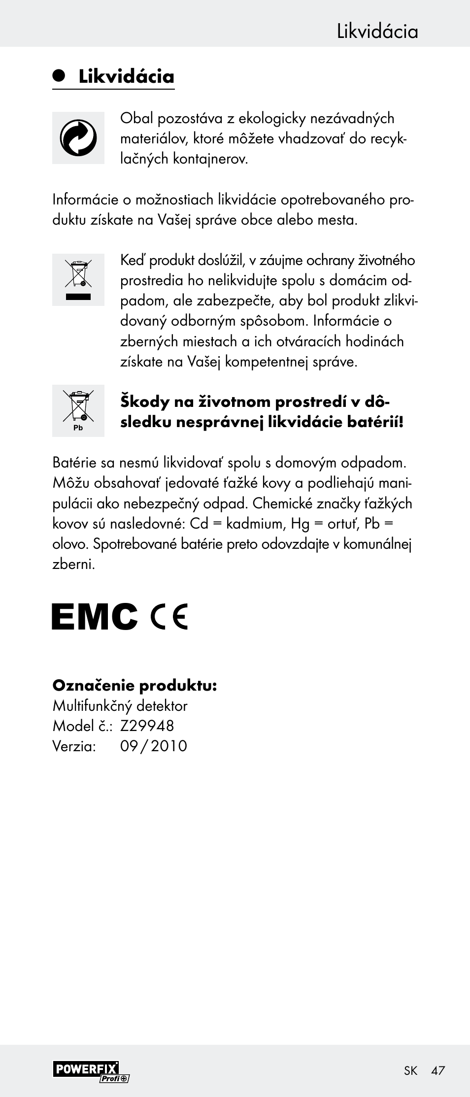 Likvidácia | Powerfix Z29948 User Manual | Page 47 / 55