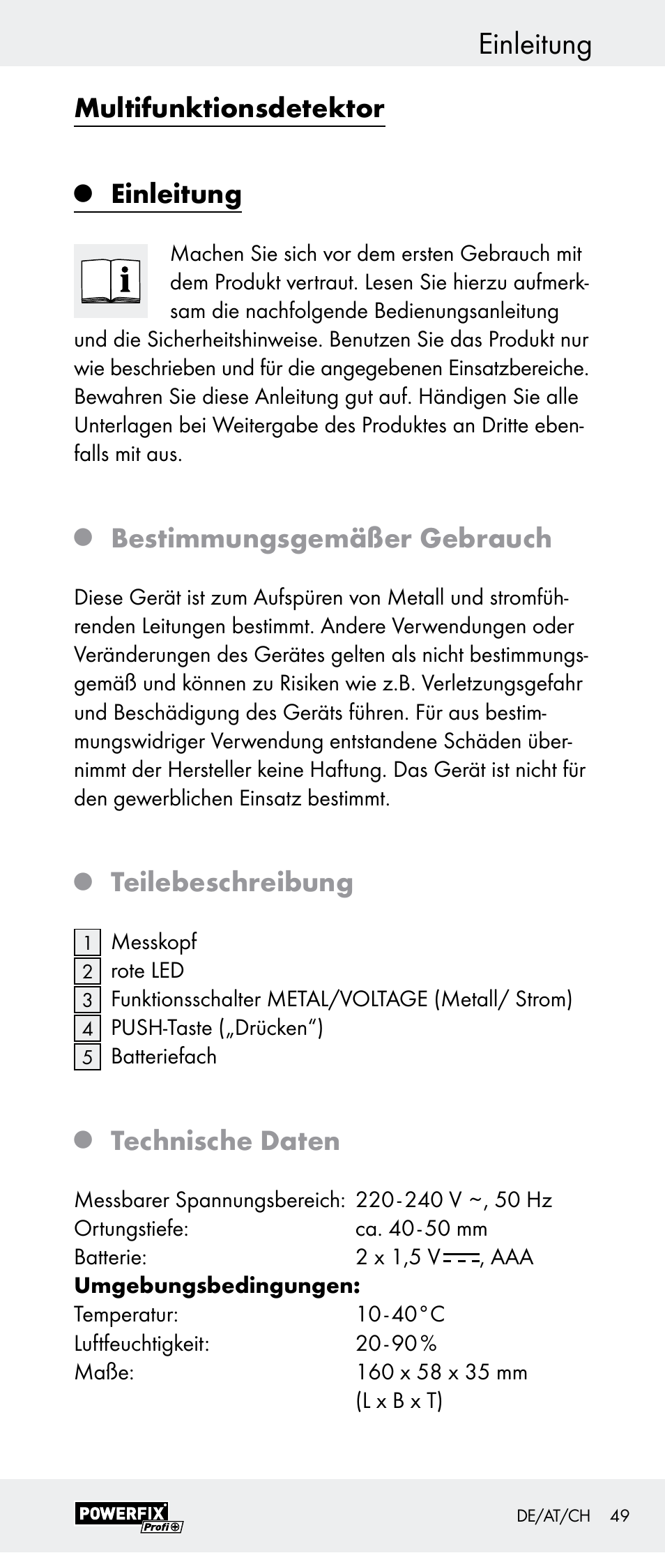 Einleitung, Multifunktionsdetektor, Bestimmungsgemäßer gebrauch | Teilebeschreibung, Technische daten | Powerfix Z29948 User Manual | Page 49 / 55