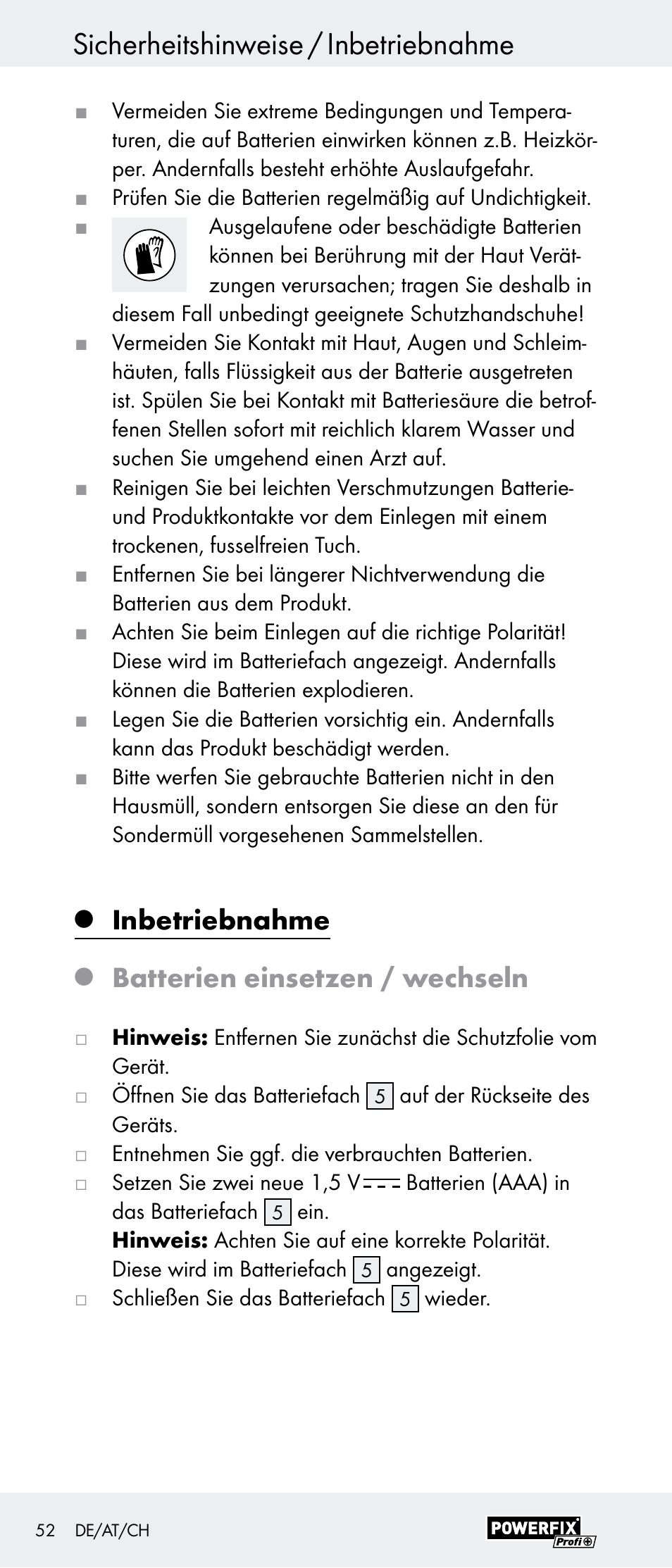 Sicherheitshinweise / inbetriebnahme, Inbetriebnahme, Batterien einsetzen / wechseln | Powerfix Z29948 User Manual | Page 52 / 55