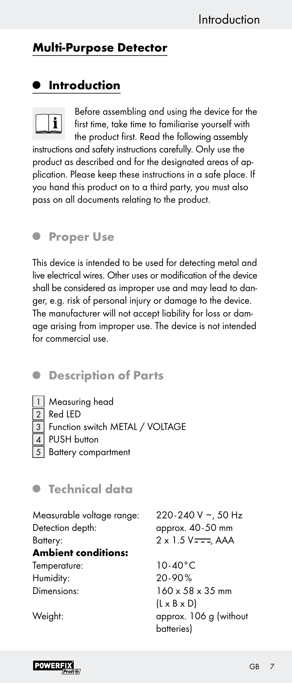 Introduction, Multi-purpose detector, Proper use | Description of parts, Technical data | Powerfix Z29948 User Manual | Page 7 / 55