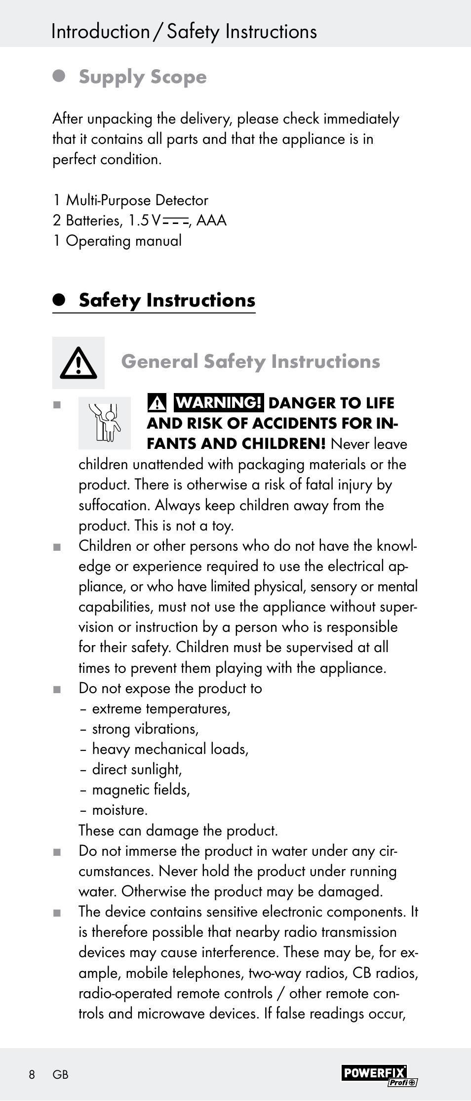 Introduction / safety instructions, Supply scope, Safety instructions general safety instructions | Powerfix Z29948 User Manual | Page 8 / 55