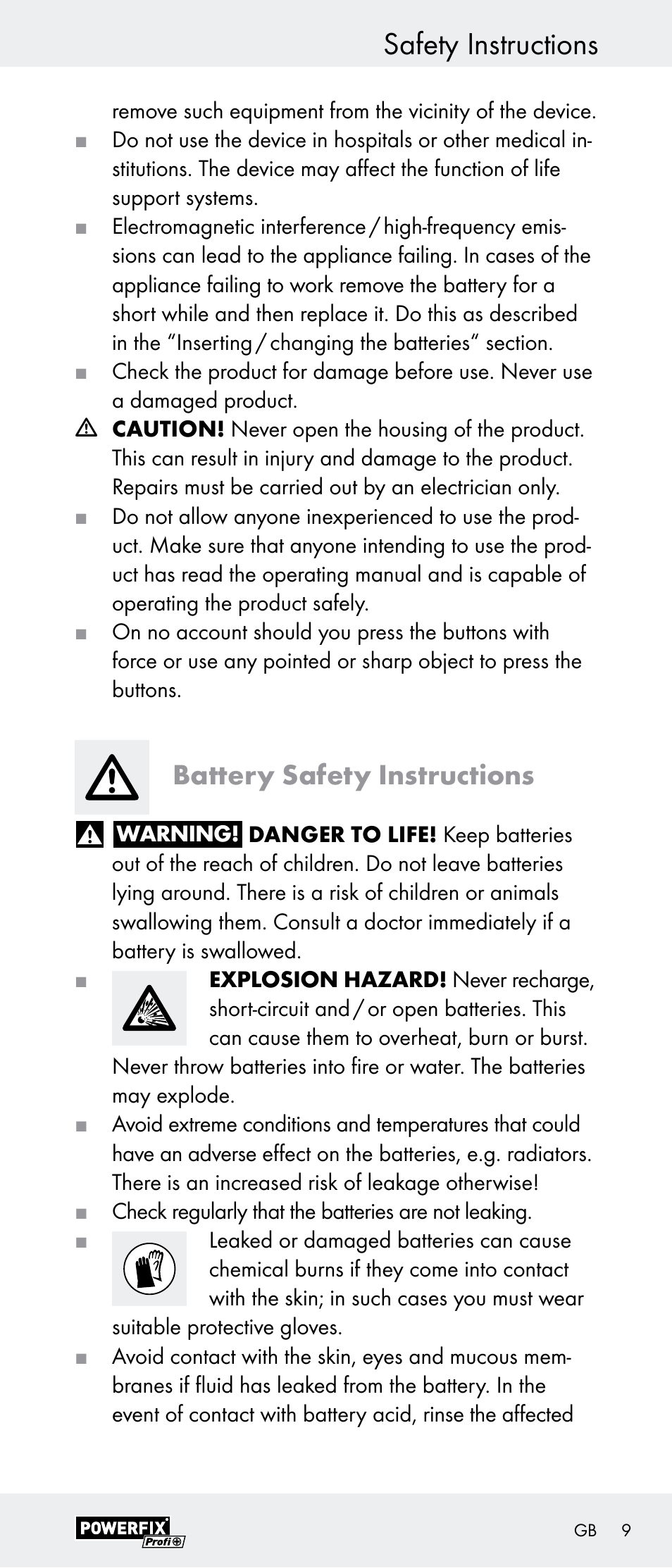 Safety instructions, Battery safety instructions | Powerfix Z29948 User Manual | Page 9 / 55