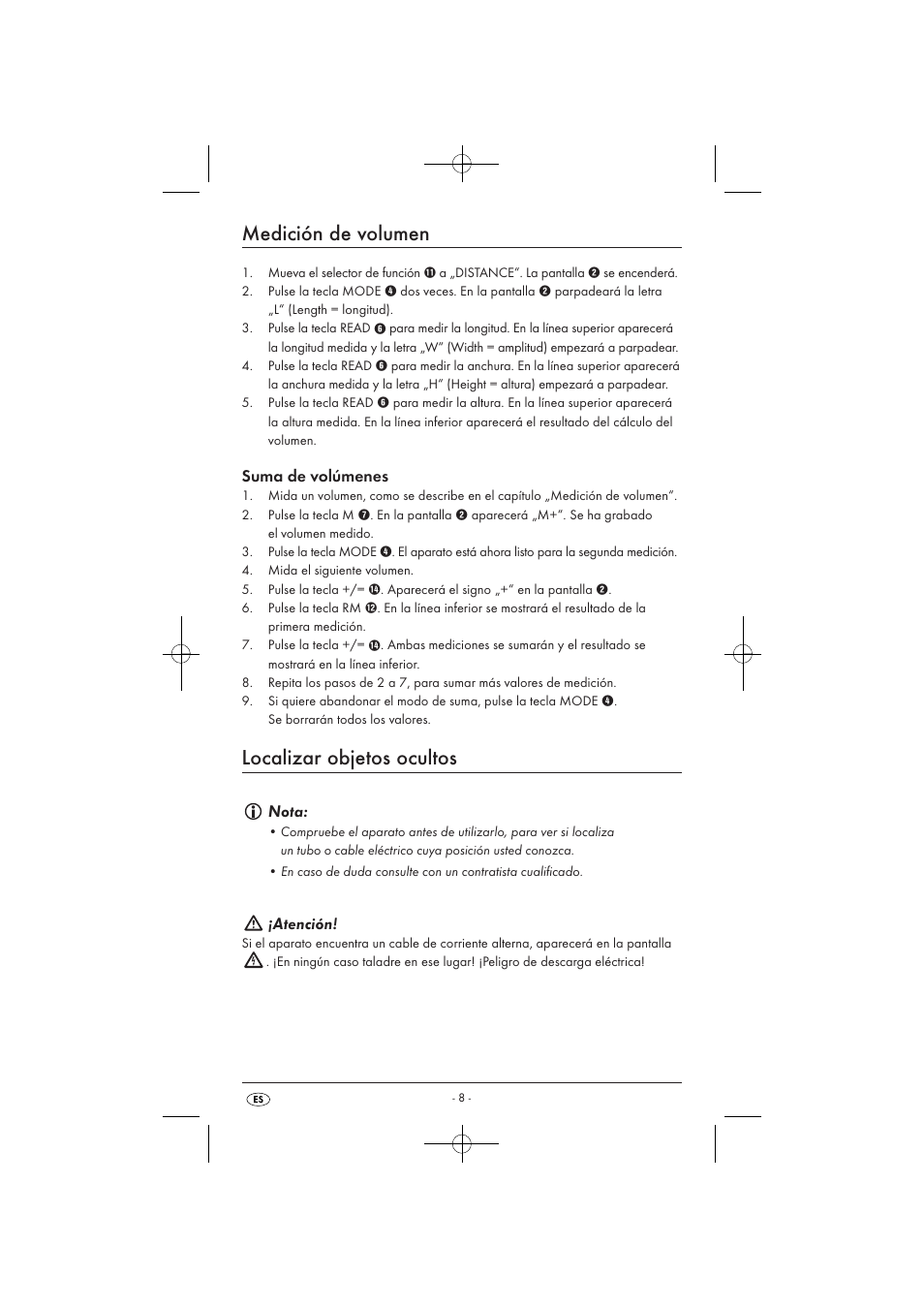 Medición de volumen, Localizar objetos ocultos, Suma de volúmenes | Nota, Atención | Powerfix KH 3236 User Manual | Page 10 / 62