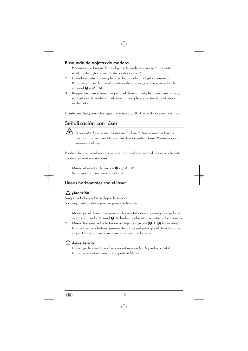 Señalización con láser, Búsqueda de objetos de madera, Líneas horizontales con el láser ¡atención | Advertencia | Powerfix KH 3236 User Manual | Page 12 / 62