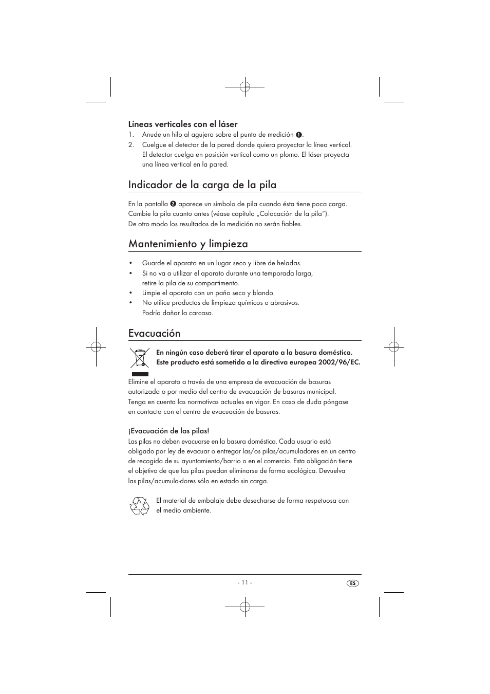 Indicador de la carga de la pila, Mantenimiento y limpieza, Evacuación | Líneas verticales con el láser | Powerfix KH 3236 User Manual | Page 13 / 62