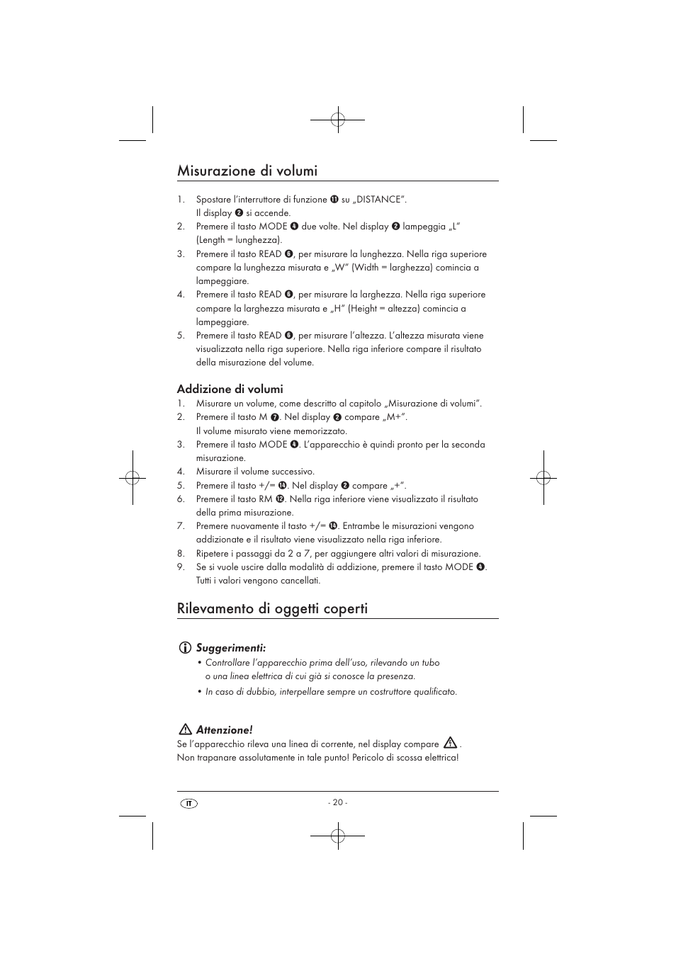 Misurazione di volumi, Rilevamento di oggetti coperti, Addizione di volumi | Suggerimenti, Attenzione | Powerfix KH 3236 User Manual | Page 22 / 62