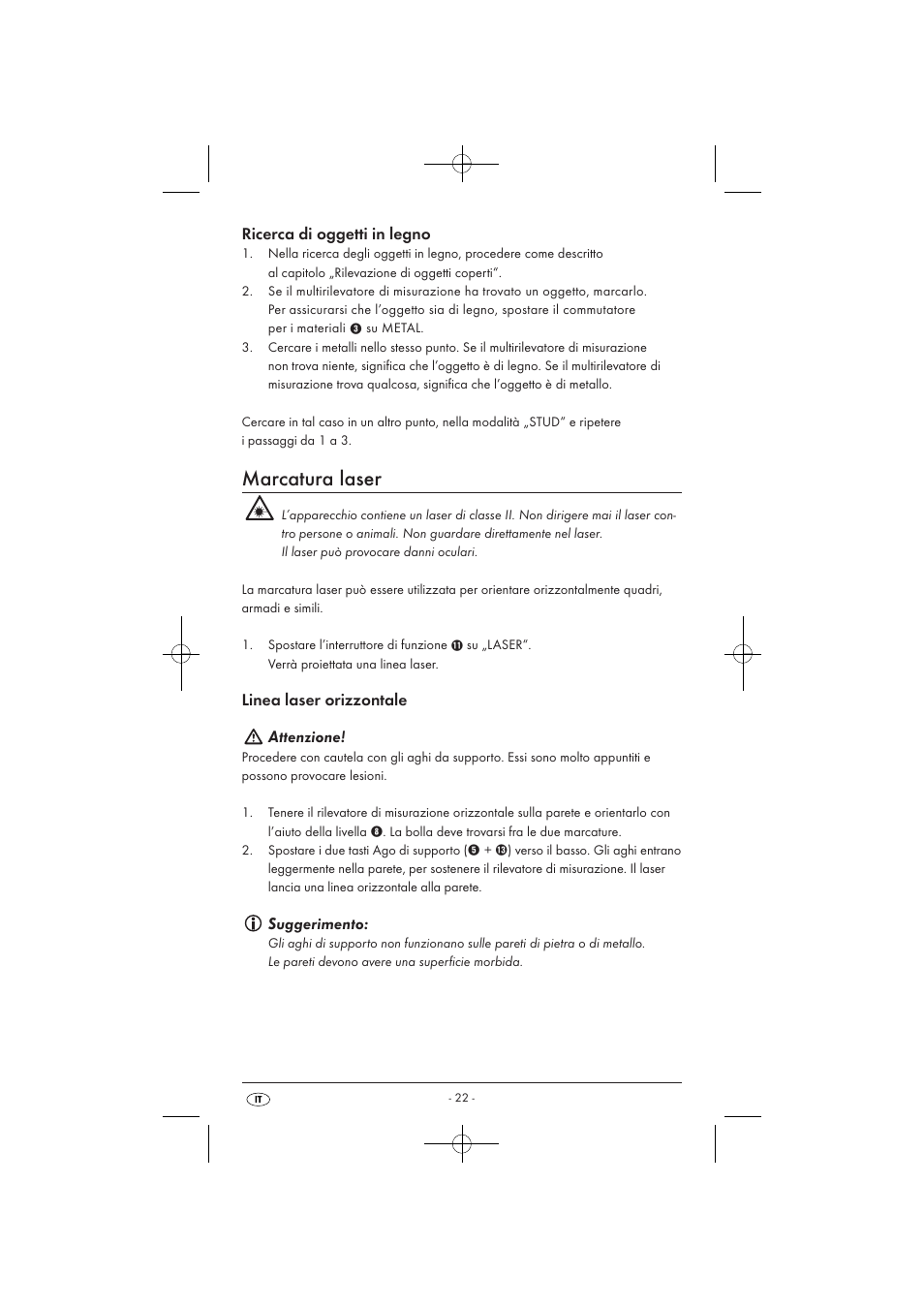 Marcatura laser, Ricerca di oggetti in legno, Linea laser orizzontale attenzione | Suggerimento | Powerfix KH 3236 User Manual | Page 24 / 62