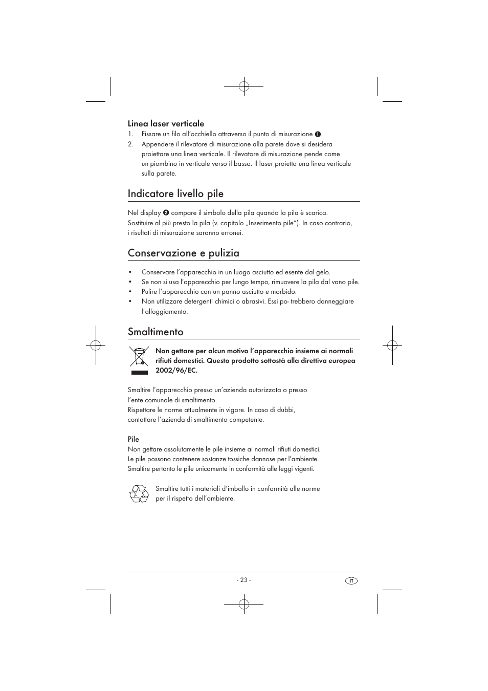 Indicatore livello pile, Conservazione e pulizia, Smaltimento | Linea laser verticale | Powerfix KH 3236 User Manual | Page 25 / 62