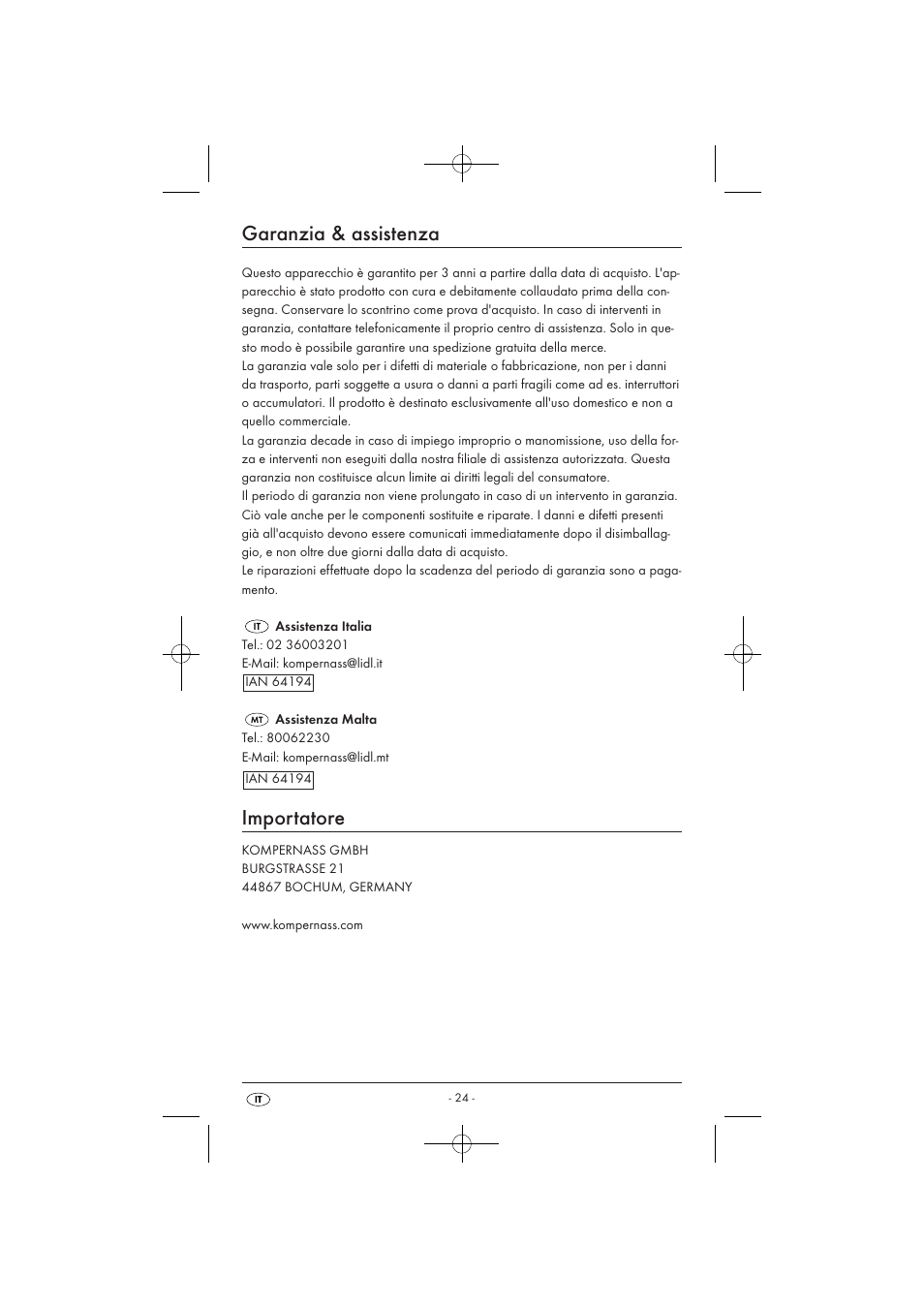 Garanzia & assistenza, Importatore | Powerfix KH 3236 User Manual | Page 26 / 62