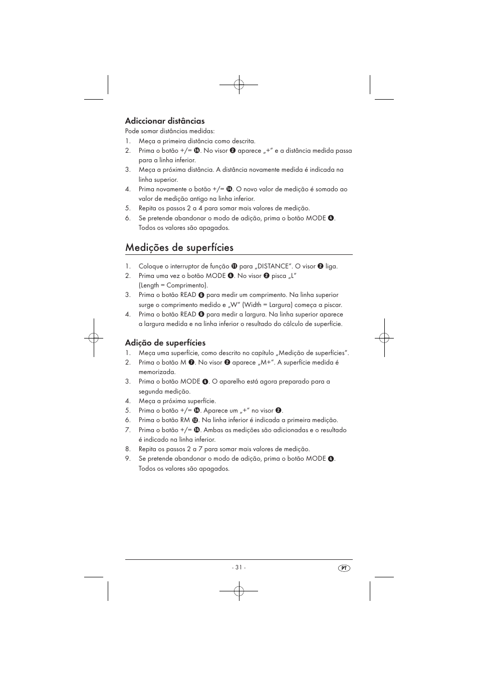 Medições de superfícies, Adiccionar distâncias, Adição de superfícies | Powerfix KH 3236 User Manual | Page 33 / 62