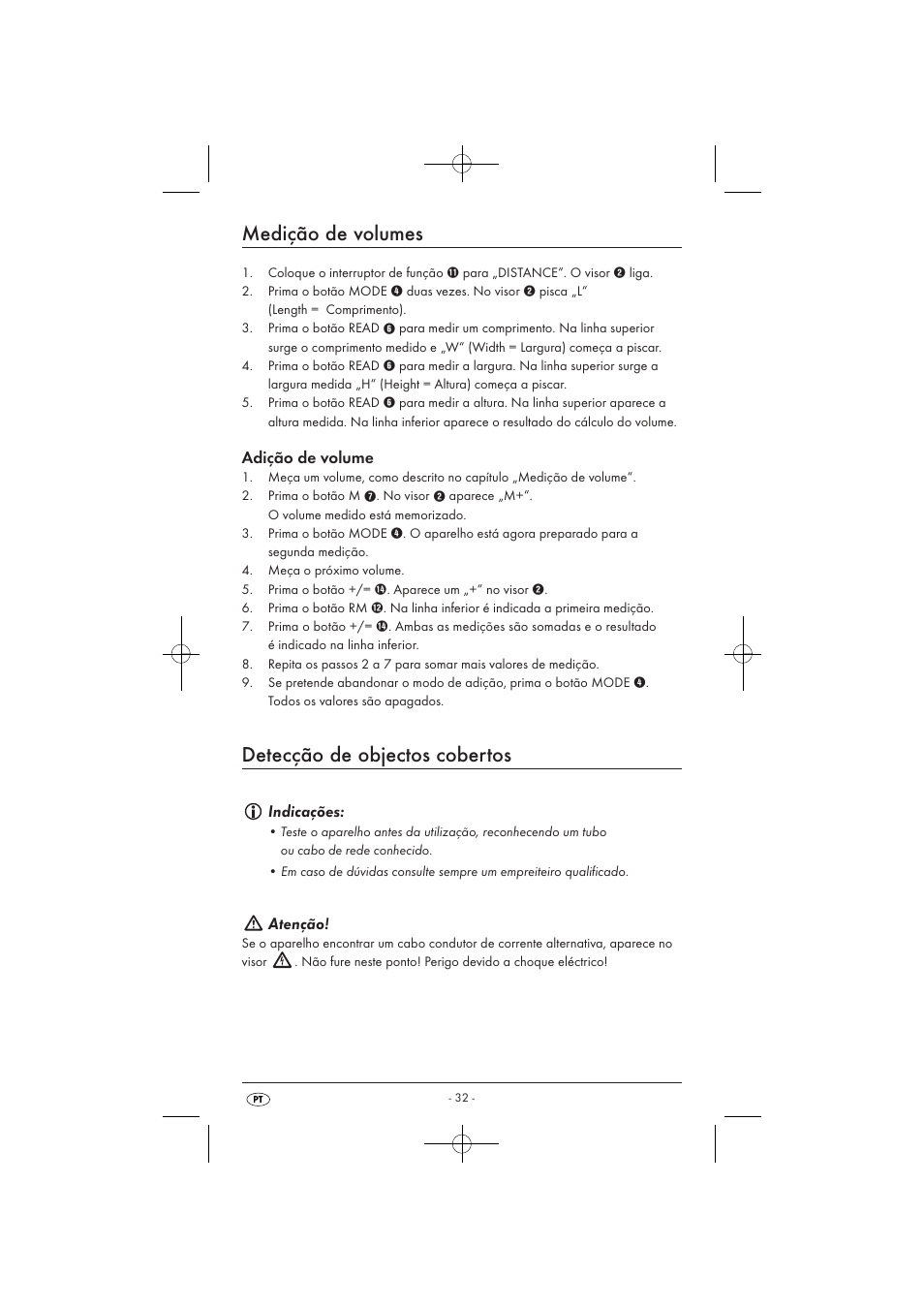 Medição de volumes, Detecção de objectos cobertos, Adição de volume | Indicações, Atenção | Powerfix KH 3236 User Manual | Page 34 / 62