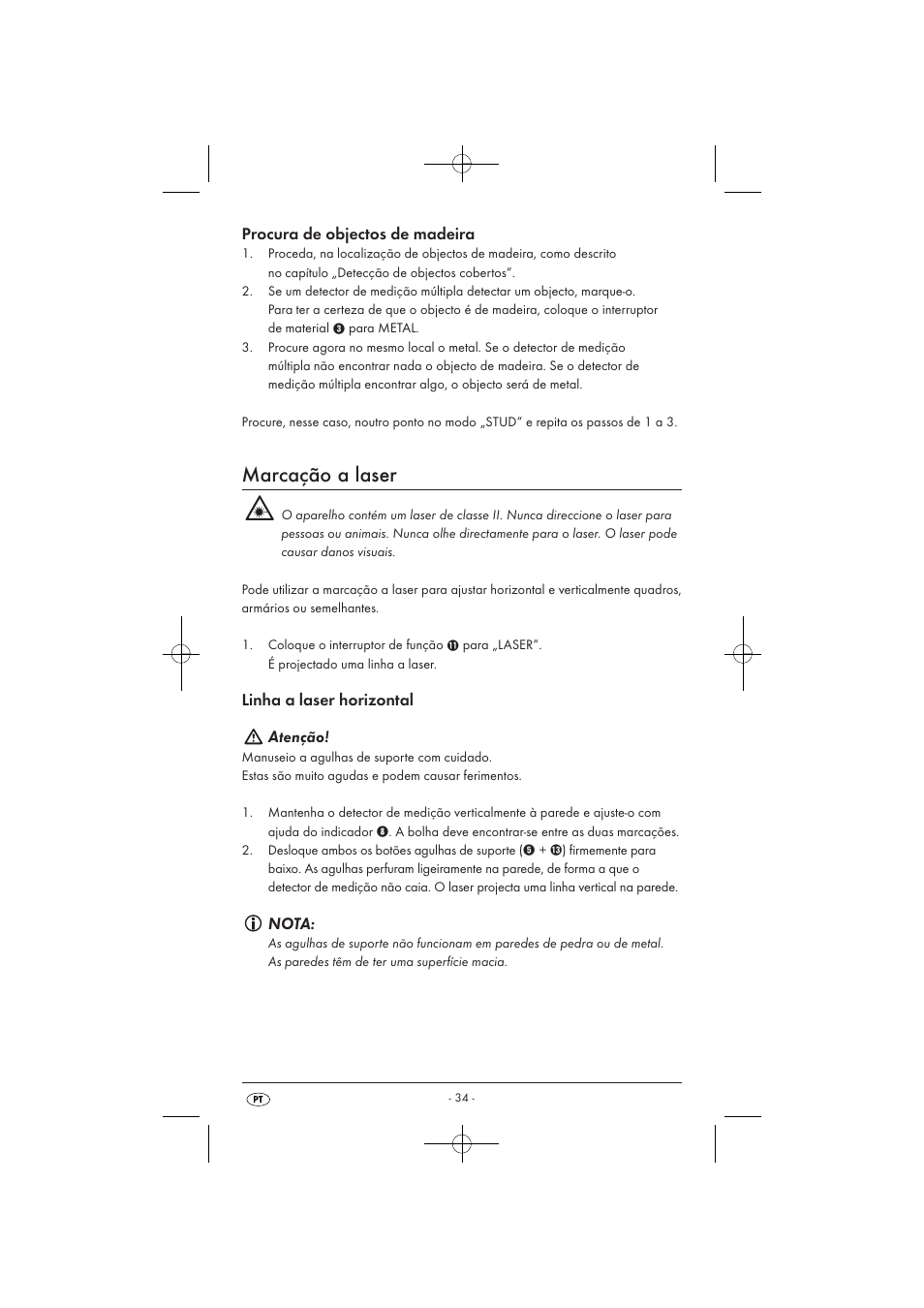 Marcação a laser, Procura de objectos de madeira, Linha a laser horizontal atenção | Nota | Powerfix KH 3236 User Manual | Page 36 / 62