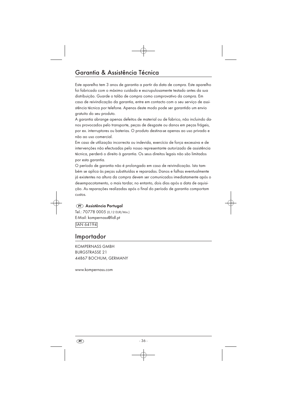 Garantia & assistência técnica, Importador | Powerfix KH 3236 User Manual | Page 38 / 62