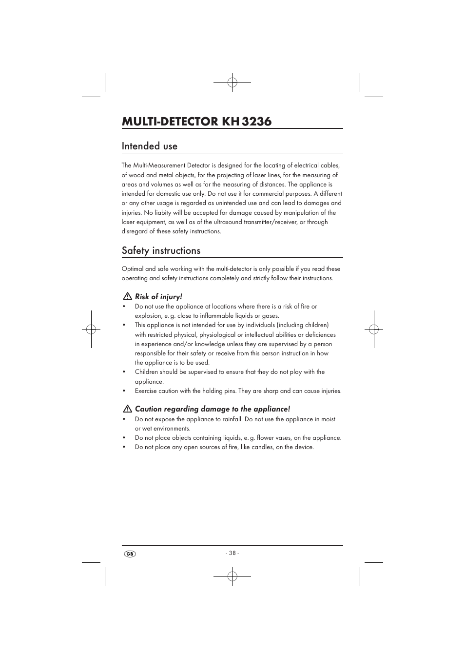 Multi-detector kh 3236, Intended use, Safety instructions | Risk of injury, Caution regarding damage to the appliance | Powerfix KH 3236 User Manual | Page 40 / 62