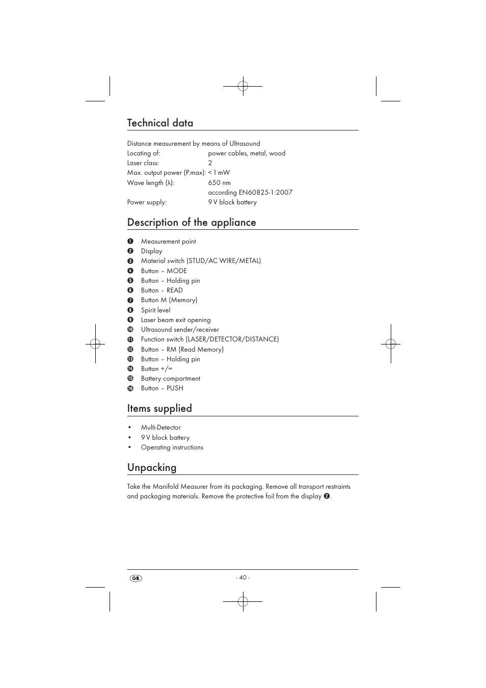 Technical data, Description of the appliance, Items supplied | Unpacking | Powerfix KH 3236 User Manual | Page 42 / 62