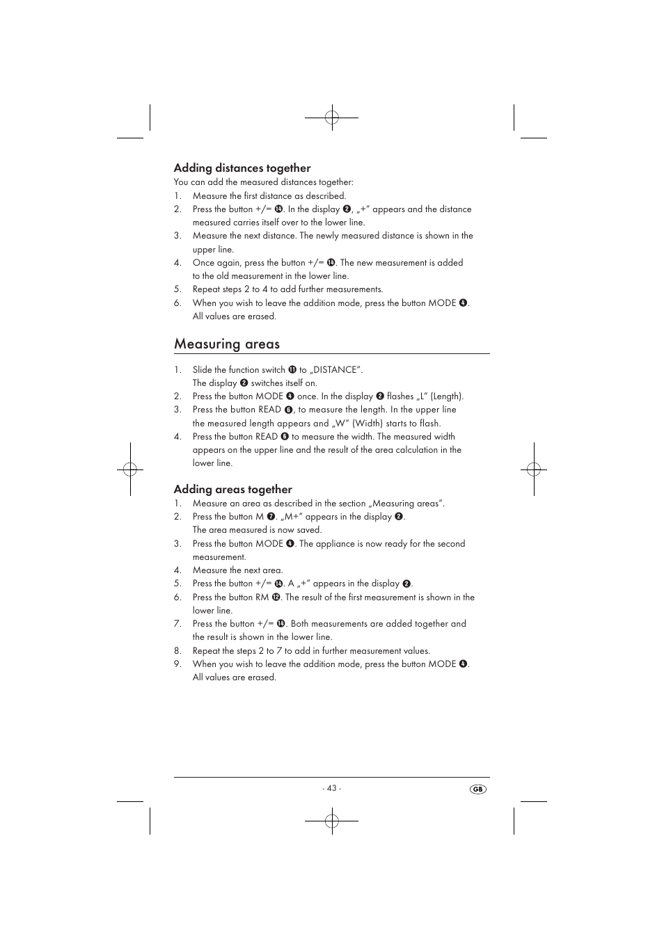 Measuring areas, Adding distances together, Adding areas together | Powerfix KH 3236 User Manual | Page 45 / 62