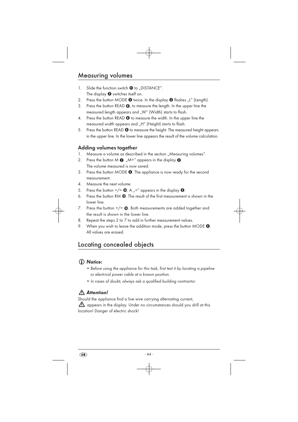 Measuring volumes, Locating concealed objects, Adding volumes together | Notice, Attention | Powerfix KH 3236 User Manual | Page 46 / 62