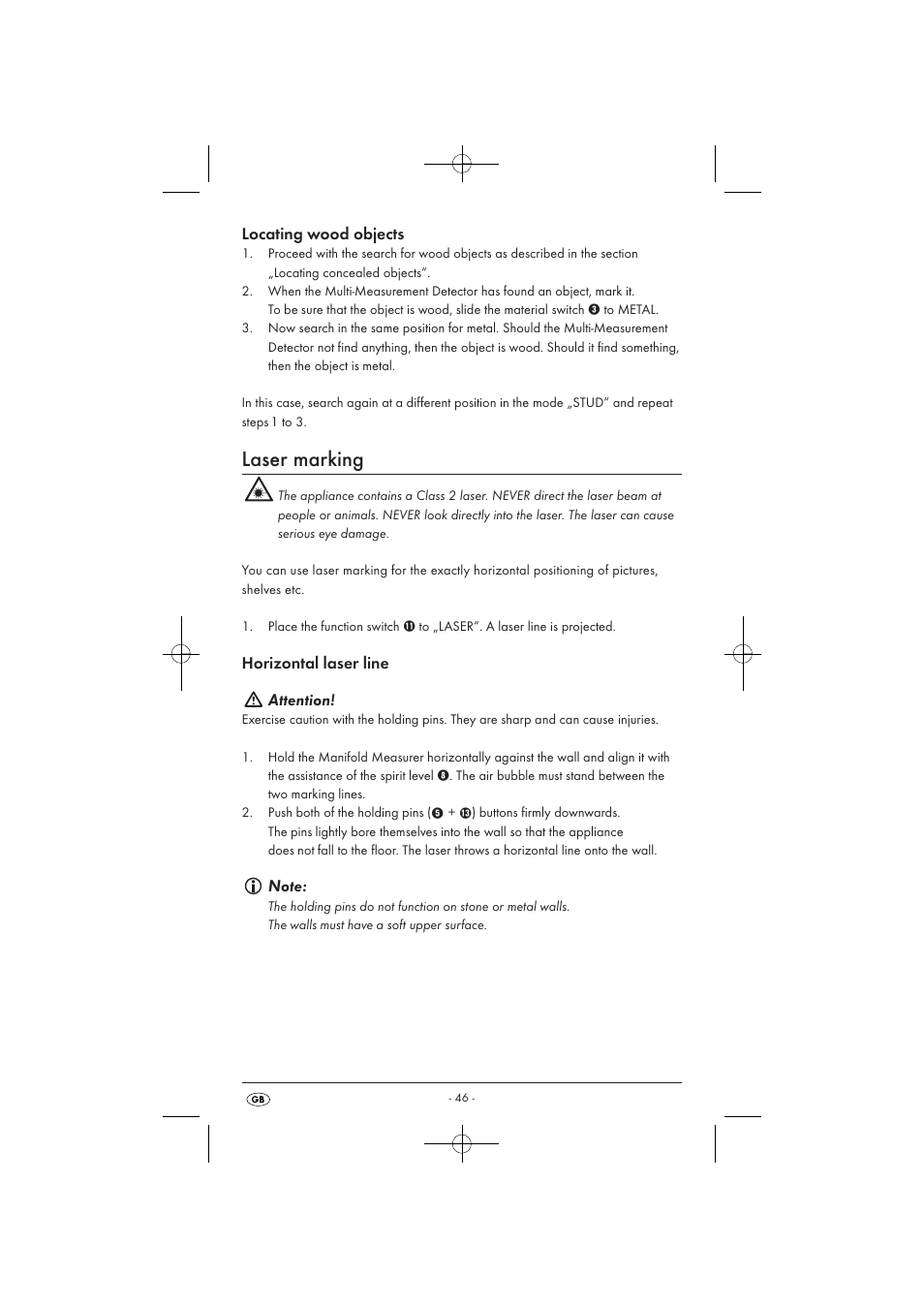 Laser marking, Locating wood objects, Horizontal laser line attention | Powerfix KH 3236 User Manual | Page 48 / 62
