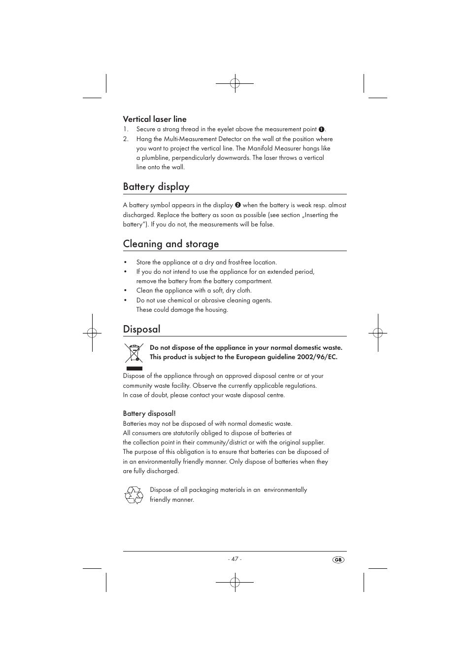 Battery display, Cleaning and storage, Disposal | Vertical laser line | Powerfix KH 3236 User Manual | Page 49 / 62