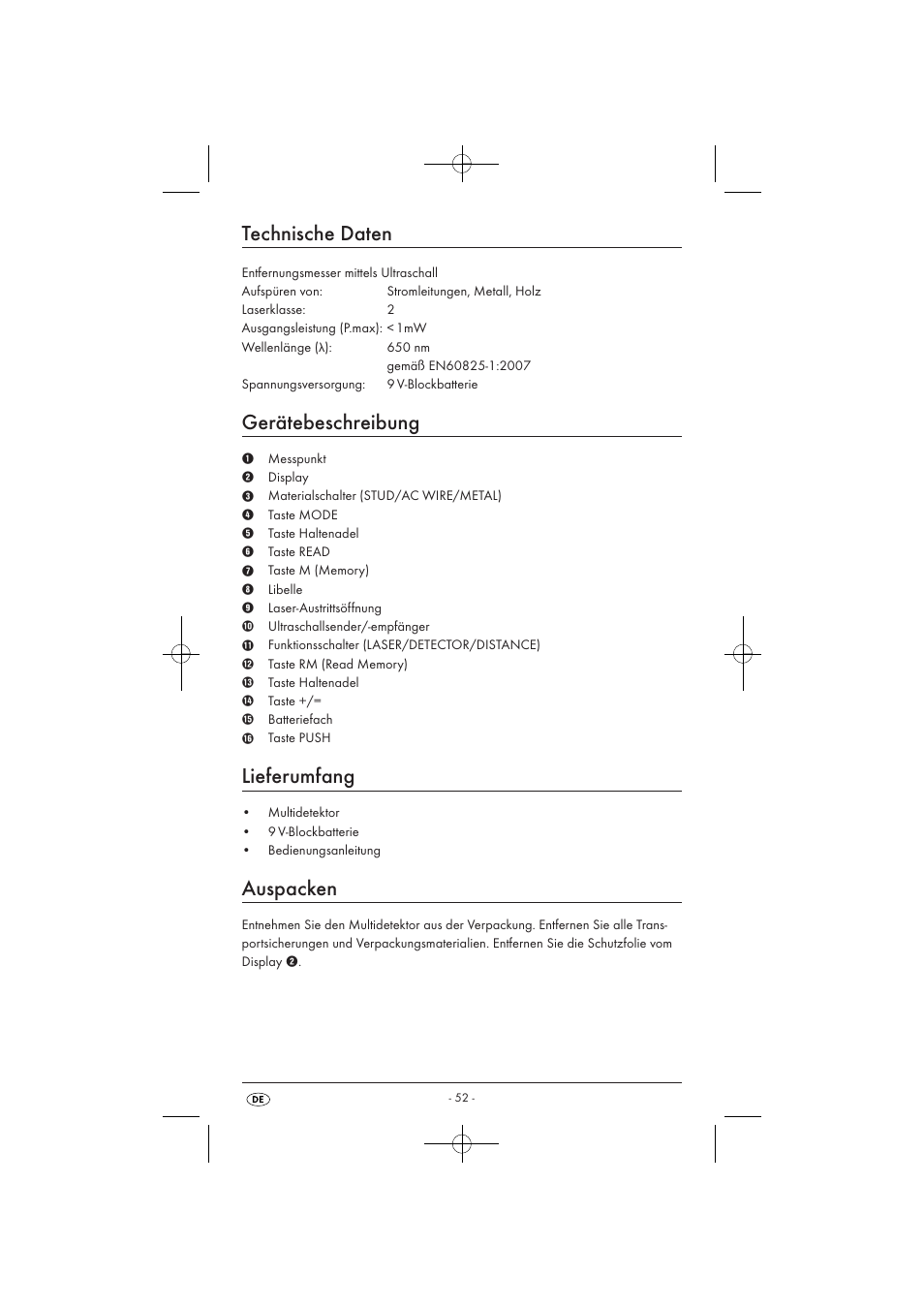 Technische daten, Gerätebeschreibung, Lieferumfang | Auspacken | Powerfix KH 3236 User Manual | Page 54 / 62