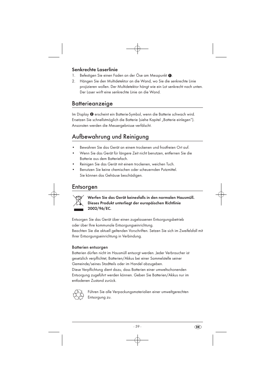Batterieanzeige, Aufbewahrung und reinigung, Entsorgen | Senkrechte laserlinie | Powerfix KH 3236 User Manual | Page 61 / 62