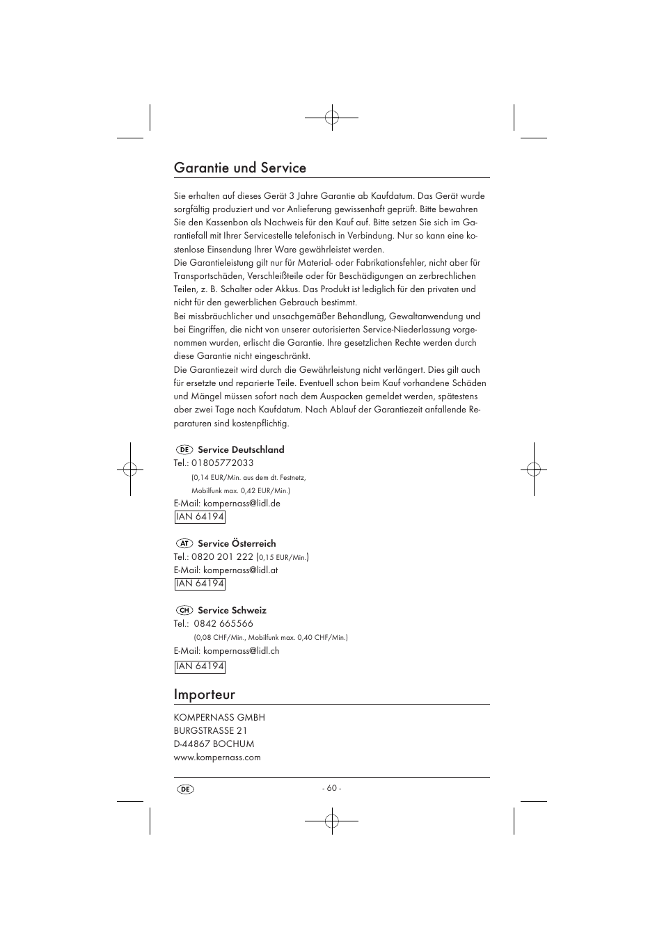 Garantie und service, Importeur | Powerfix KH 3236 User Manual | Page 62 / 62