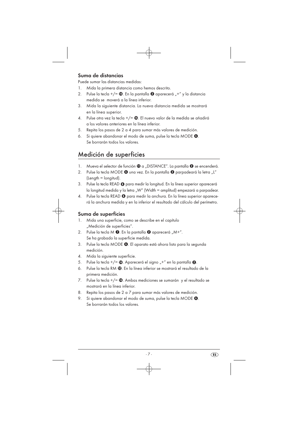 Medición de superficies, Suma de distancias, Suma de superficies | Powerfix KH 3236 User Manual | Page 9 / 62