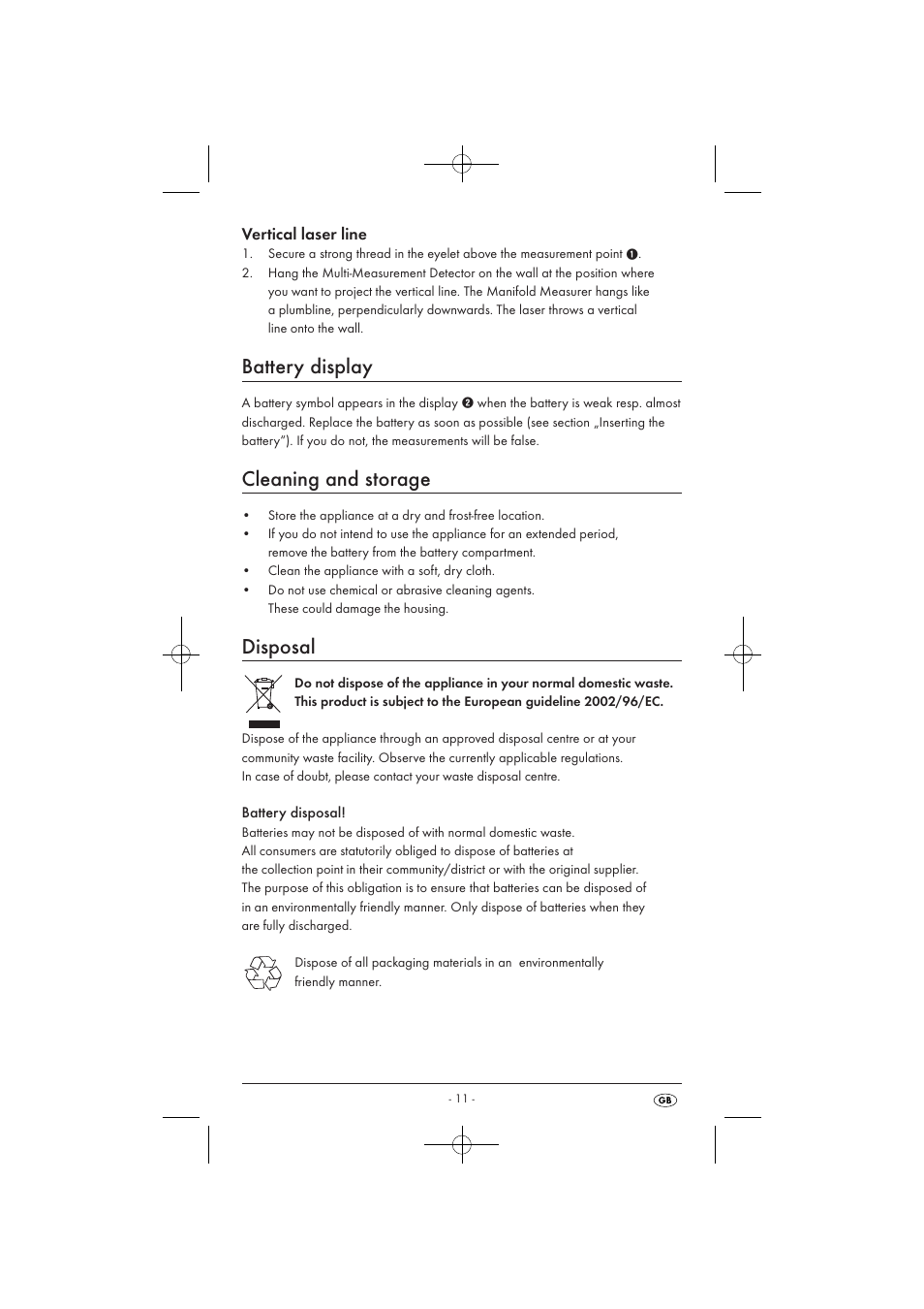 Battery display, Cleaning and storage, Disposal | Vertical laser line | Powerfix KH 3236 User Manual | Page 13 / 74