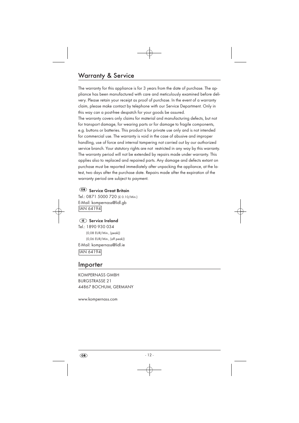 Warranty & service, Importer | Powerfix KH 3236 User Manual | Page 14 / 74