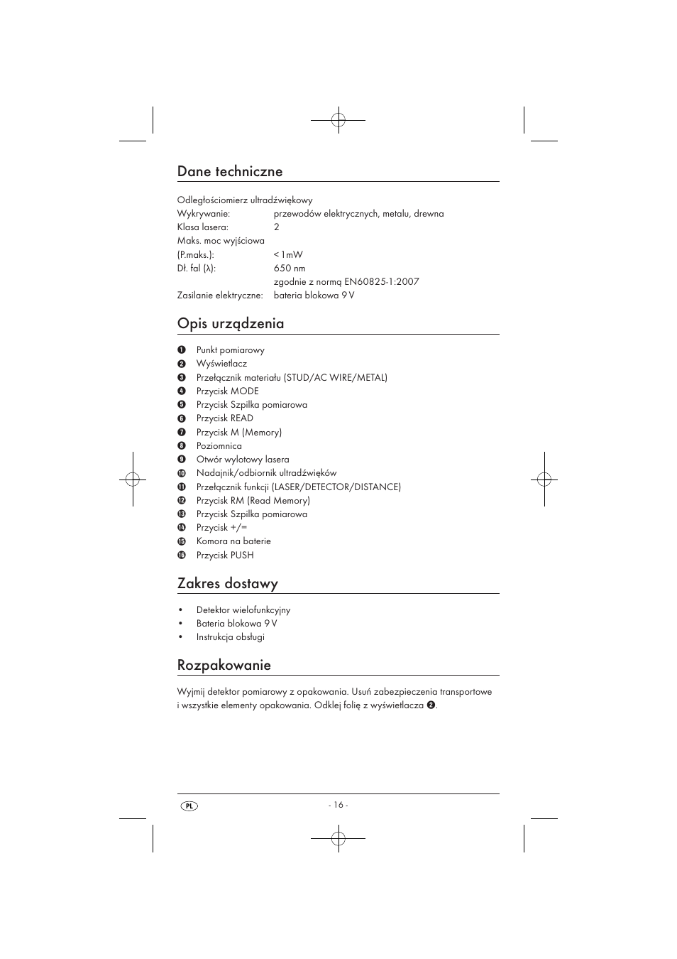 Dane techniczne, Opis urządzenia, Zakres dostawy | Rozpakowanie | Powerfix KH 3236 User Manual | Page 18 / 74