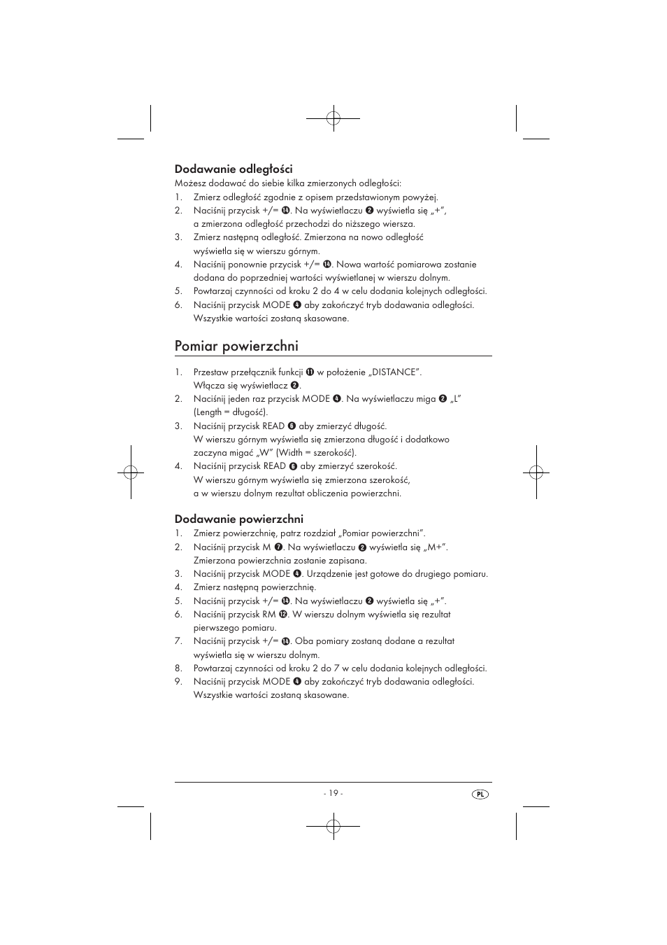 Pomiar powierzchni, Dodawanie odległości, Dodawanie powierzchni | Powerfix KH 3236 User Manual | Page 21 / 74