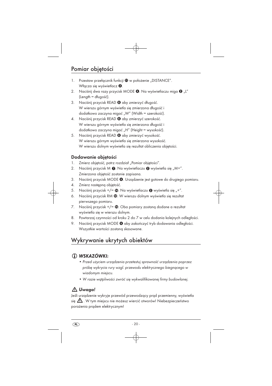 Pomiar objętości, Wykrywanie ukrytych obiektów, Dodawanie objętości | Wskazówki, Uwaga | Powerfix KH 3236 User Manual | Page 22 / 74