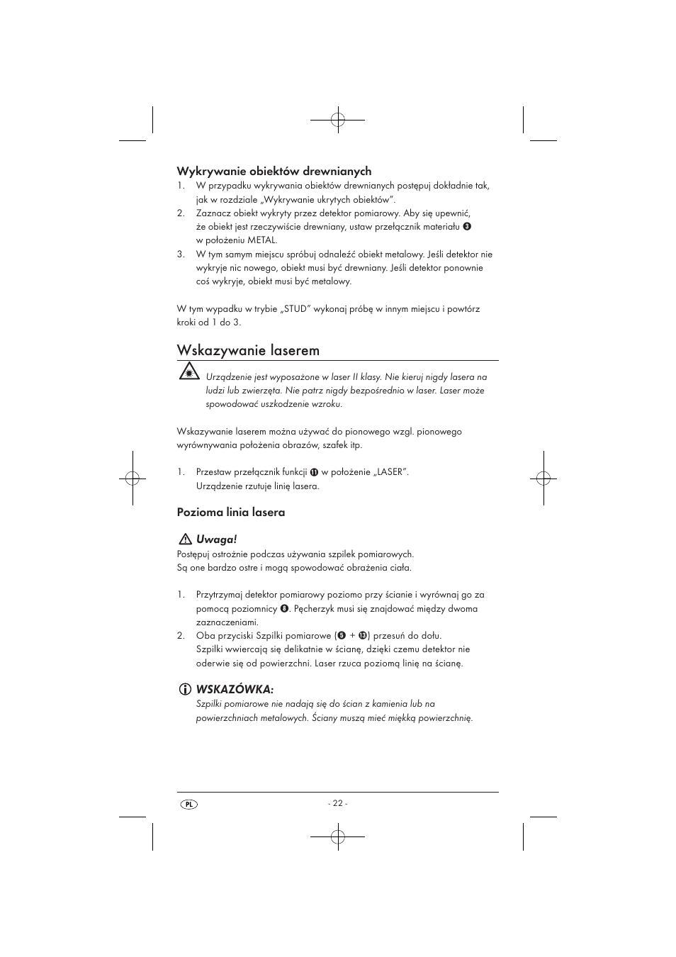 Wskazywanie laserem, Wykrywanie obiektów drewnianych, Pozioma linia lasera uwaga | Wskazówka | Powerfix KH 3236 User Manual | Page 24 / 74