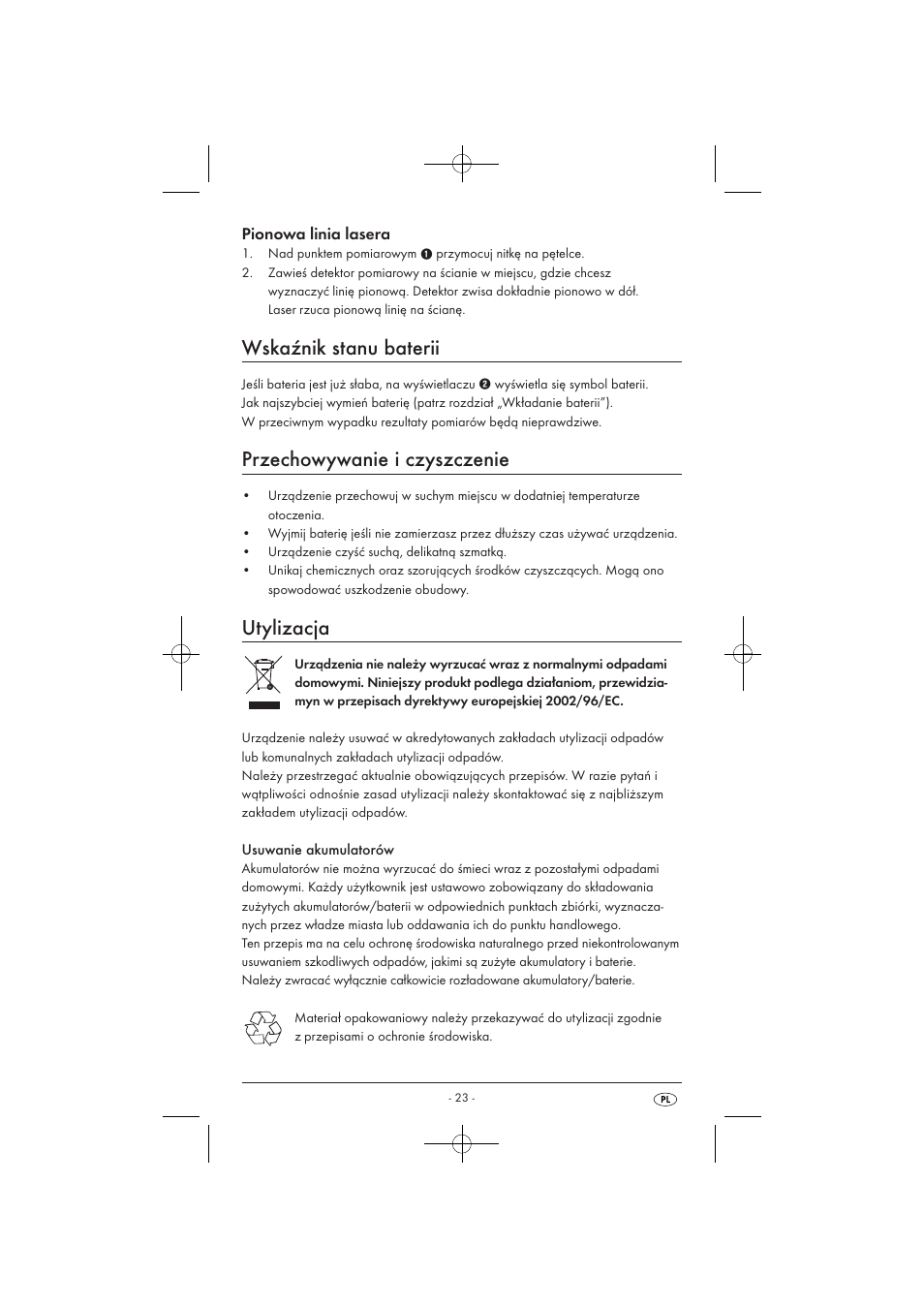 Wskaźnik stanu baterii, Przechowywanie i czyszczenie, Utylizacja | Pionowa linia lasera | Powerfix KH 3236 User Manual | Page 25 / 74