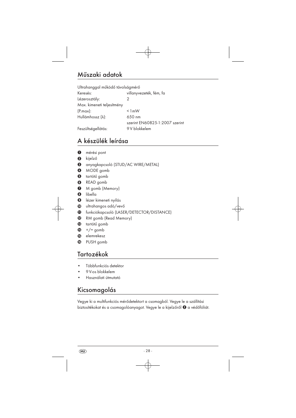 Műszaki adatok, A készülék leírása, Tartozékok | Kicsomagolás | Powerfix KH 3236 User Manual | Page 30 / 74