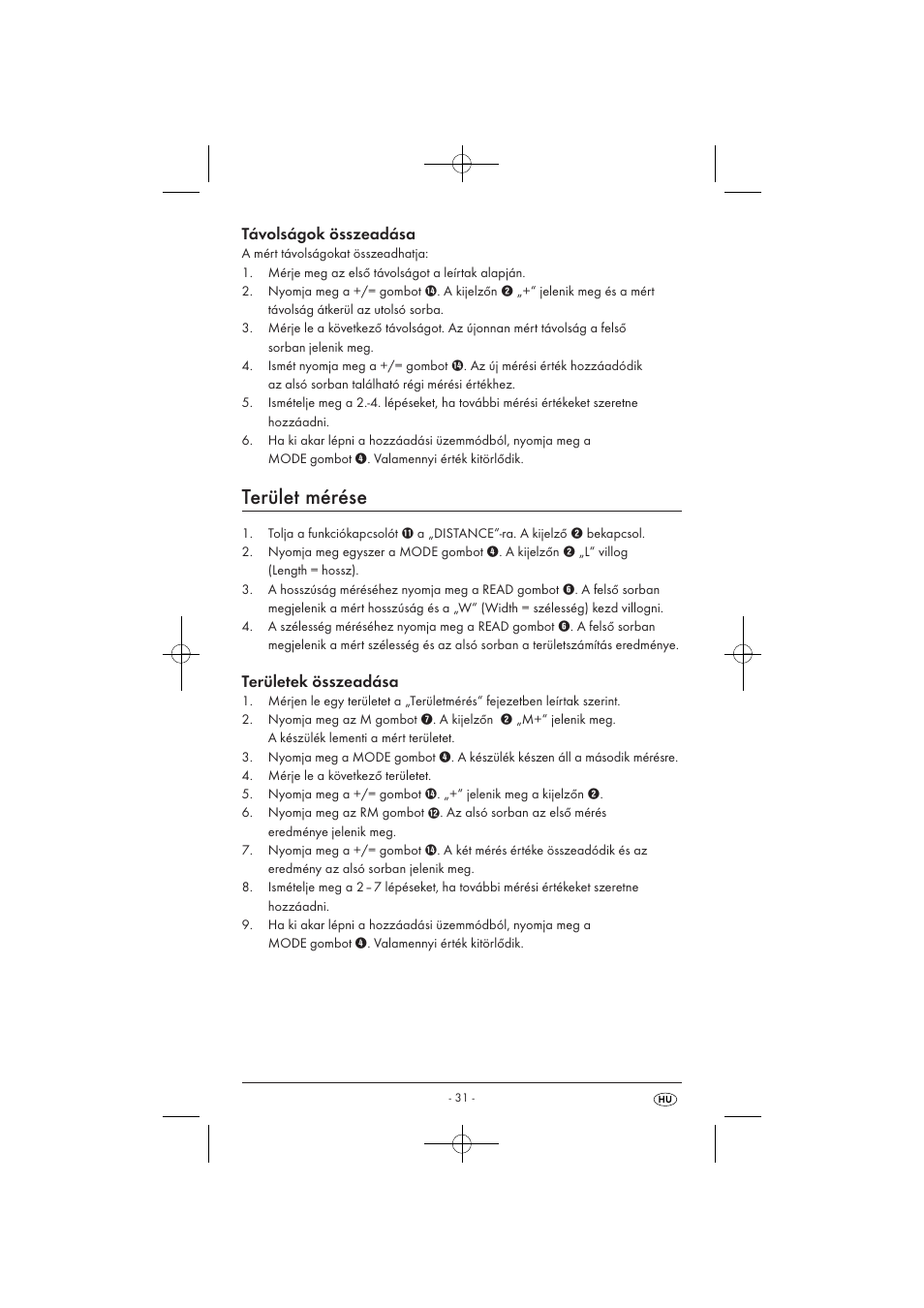 Terület mérése, Távolságok összeadása, Területek összeadása | Powerfix KH 3236 User Manual | Page 33 / 74