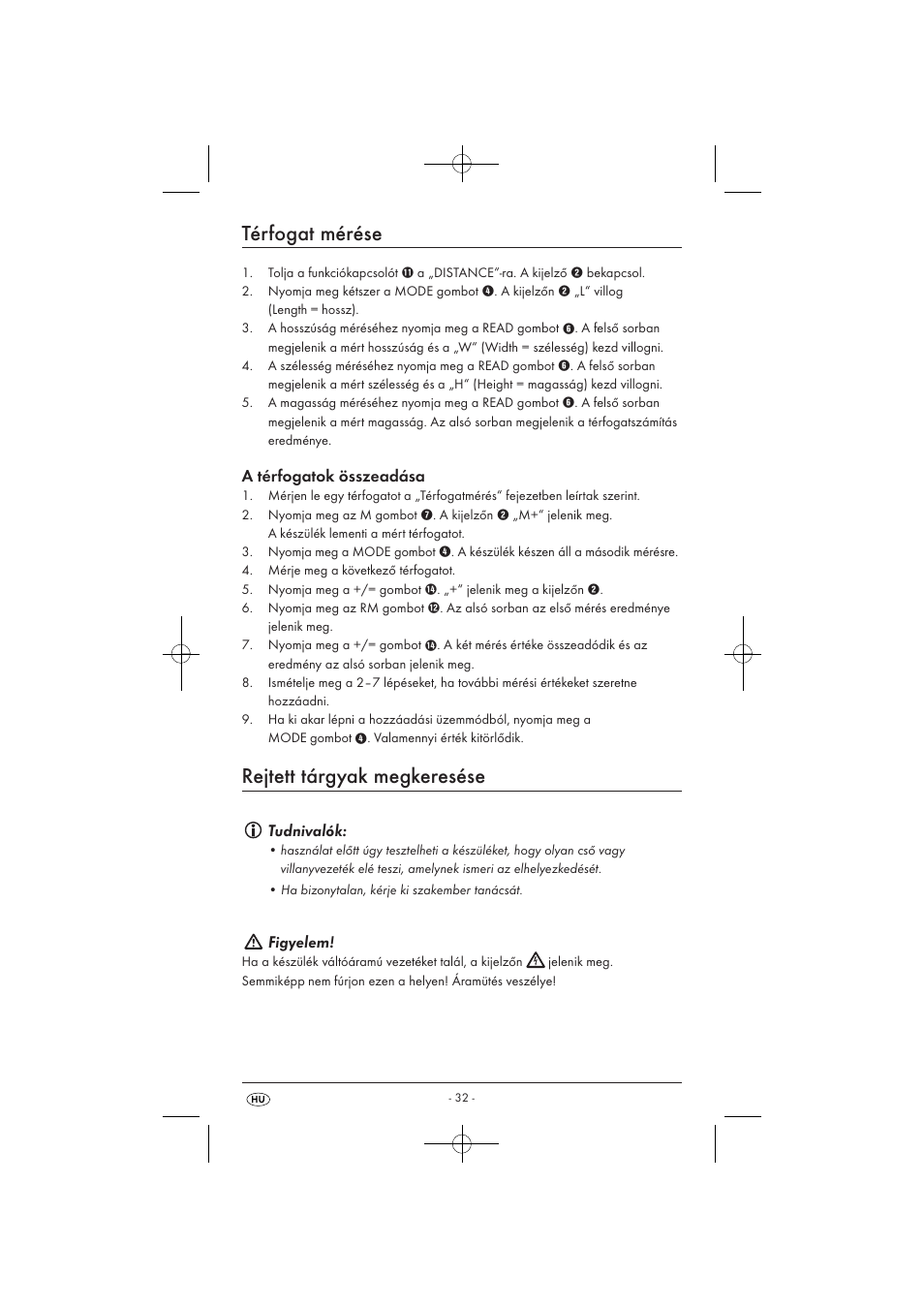 Térfogat mérése, Rejtett tárgyak megkeresése, A térfogatok összeadása | Tudnivalók, Figyelem | Powerfix KH 3236 User Manual | Page 34 / 74