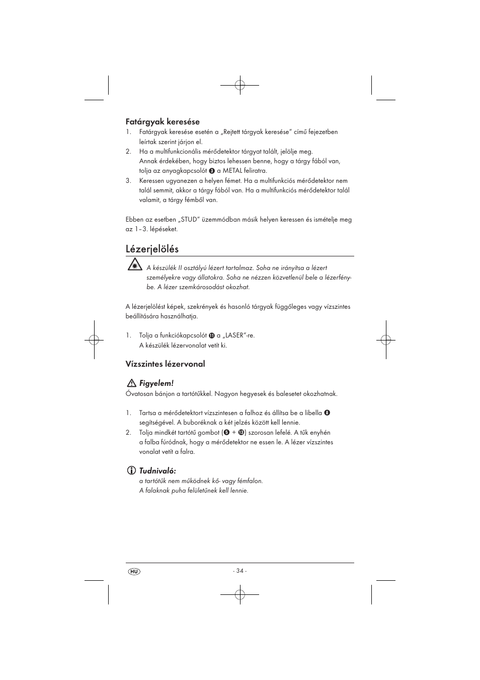 Lézerjelölés, Fatárgyak keresése, Vízszintes lézervonal figyelem | Tudnivaló | Powerfix KH 3236 User Manual | Page 36 / 74