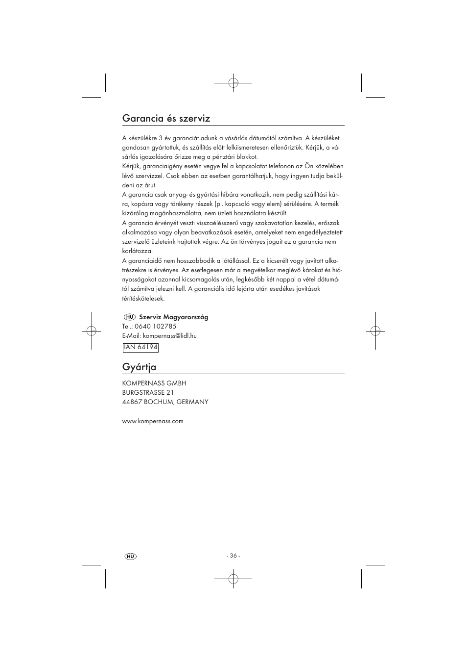 Garancia és szerviz, Gyártja | Powerfix KH 3236 User Manual | Page 38 / 74